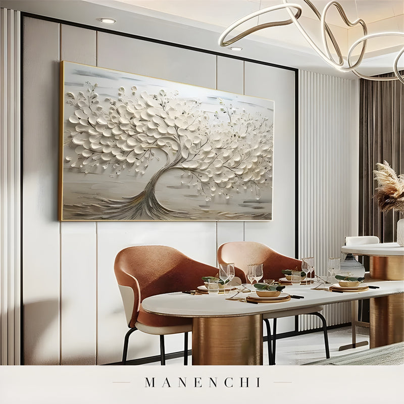Ivory Sculptural Arboreal abstract painting displayed in luxury dining room
