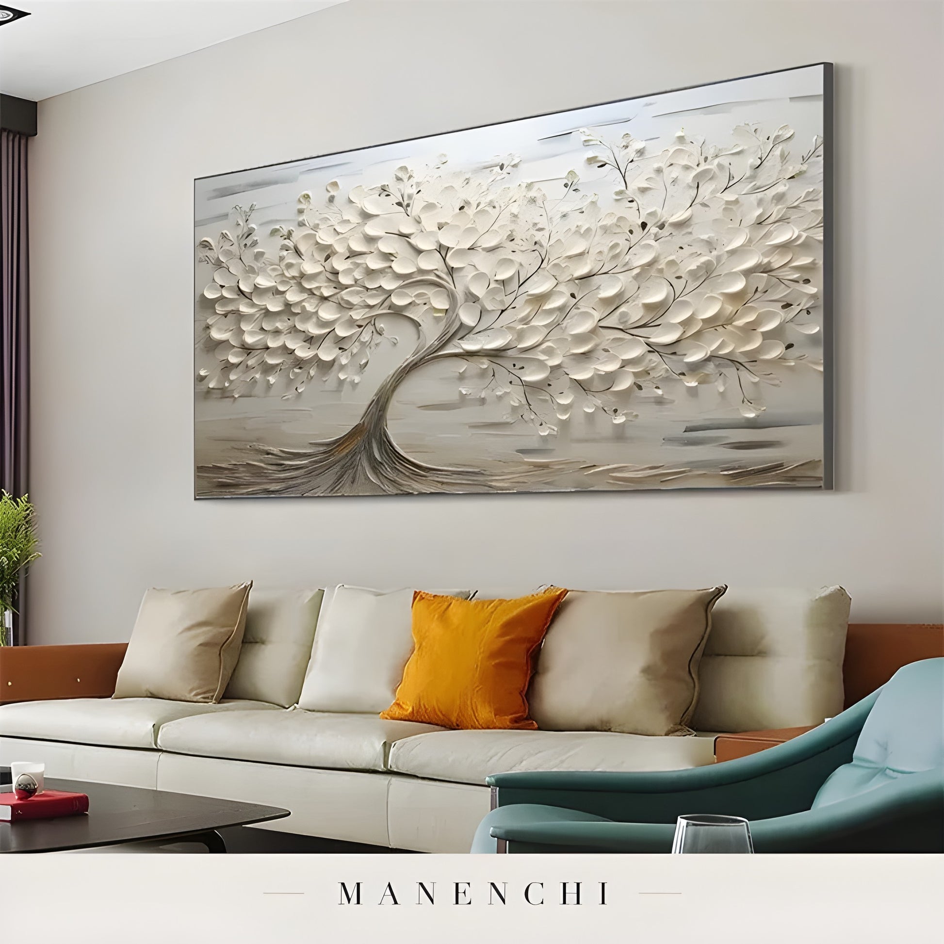 Ivory Sculptural Arboreal abstract painting displayed in modern living room