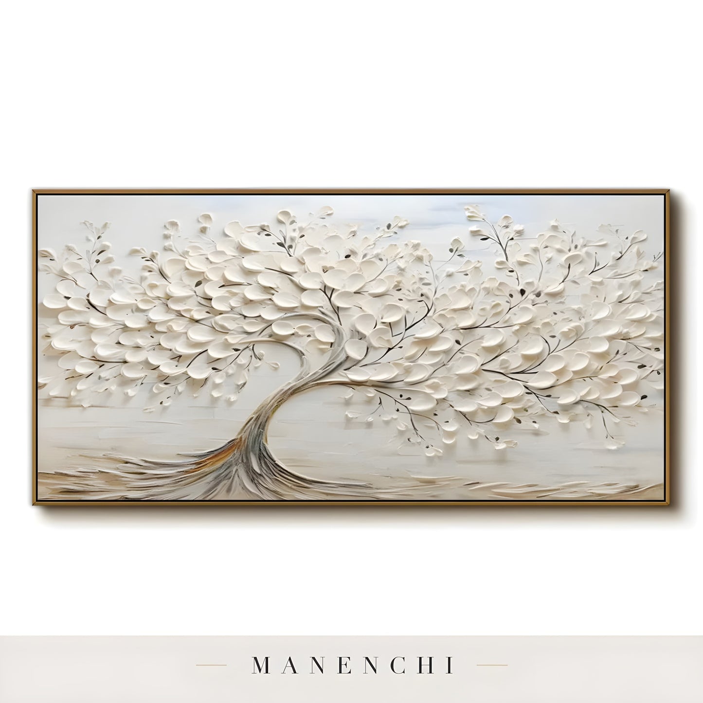 Ivory Sculptural Arboreal abstract painting displayed in product art display