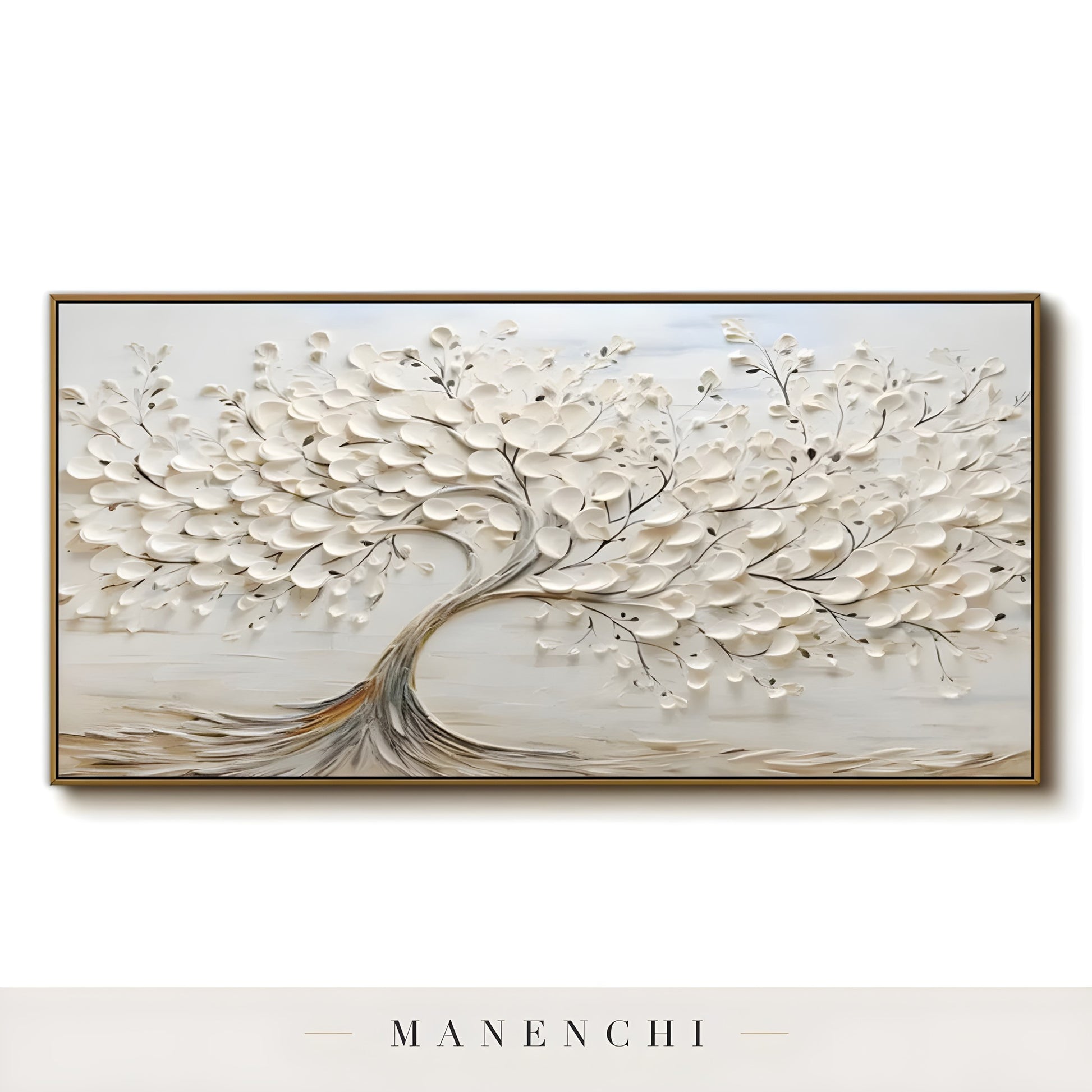 Ivory Sculptural Arboreal abstract painting displayed in product art display