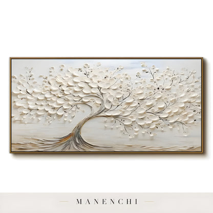 Ivory Sculptural Arboreal abstract painting displayed in product art display