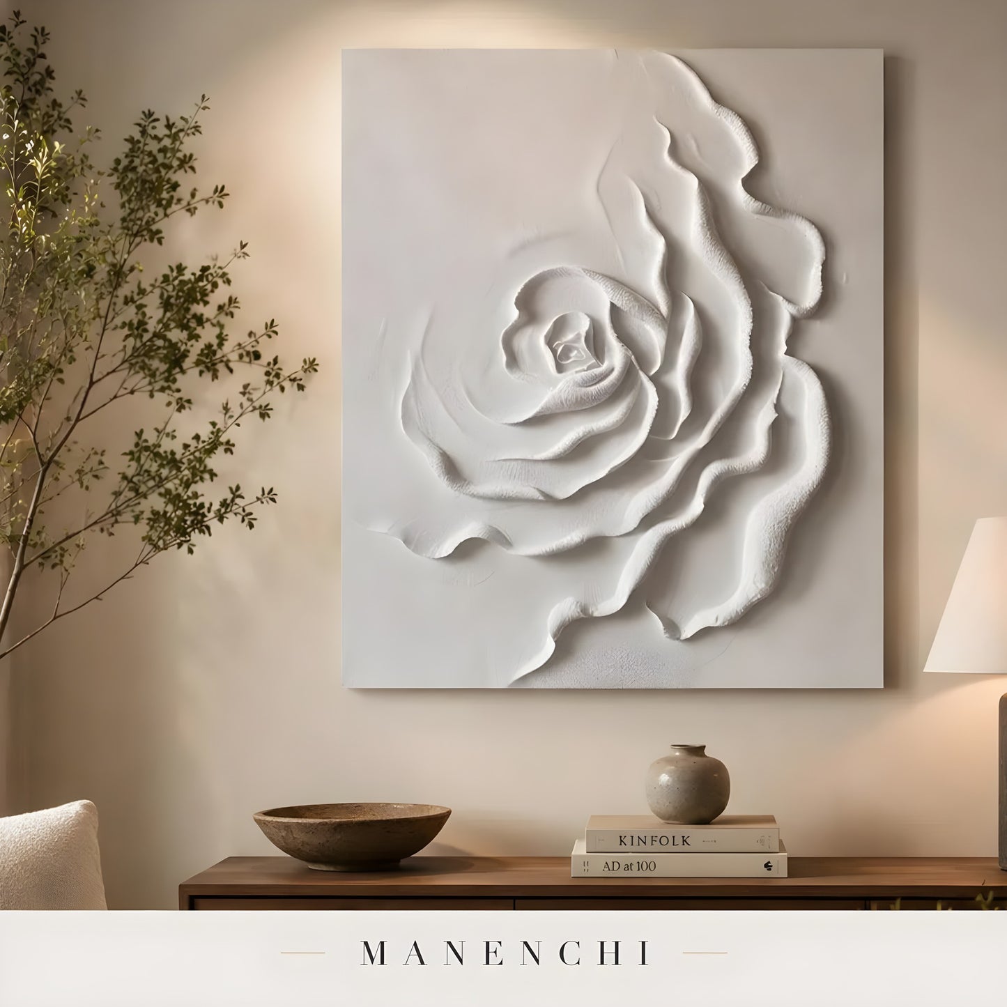 Ivory Sculptural Bloom abstract painting displayed in entryway console styling