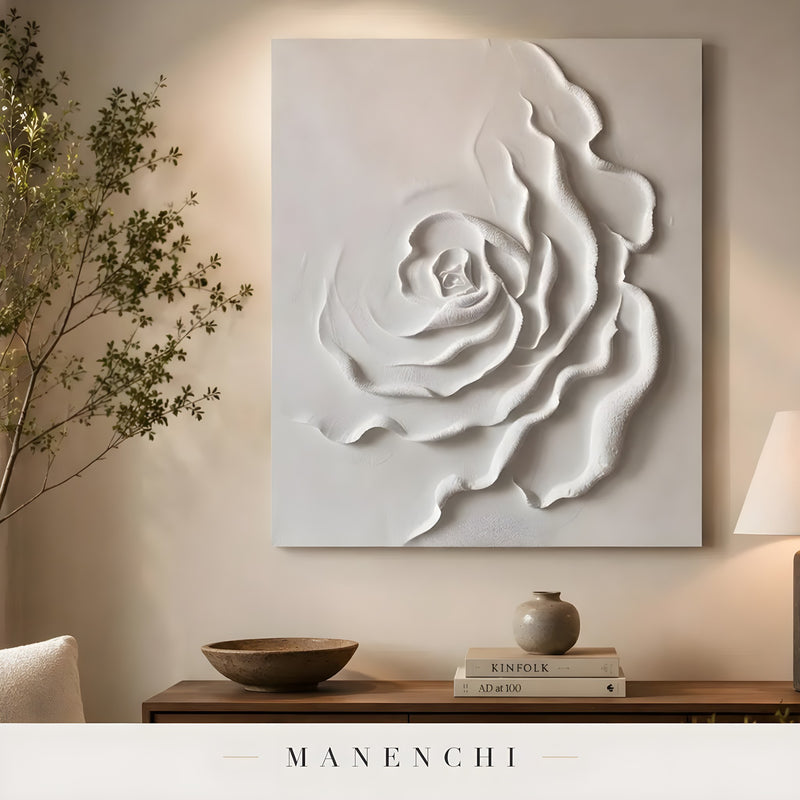 Ivory Sculptural Bloom abstract painting displayed in entryway console styling