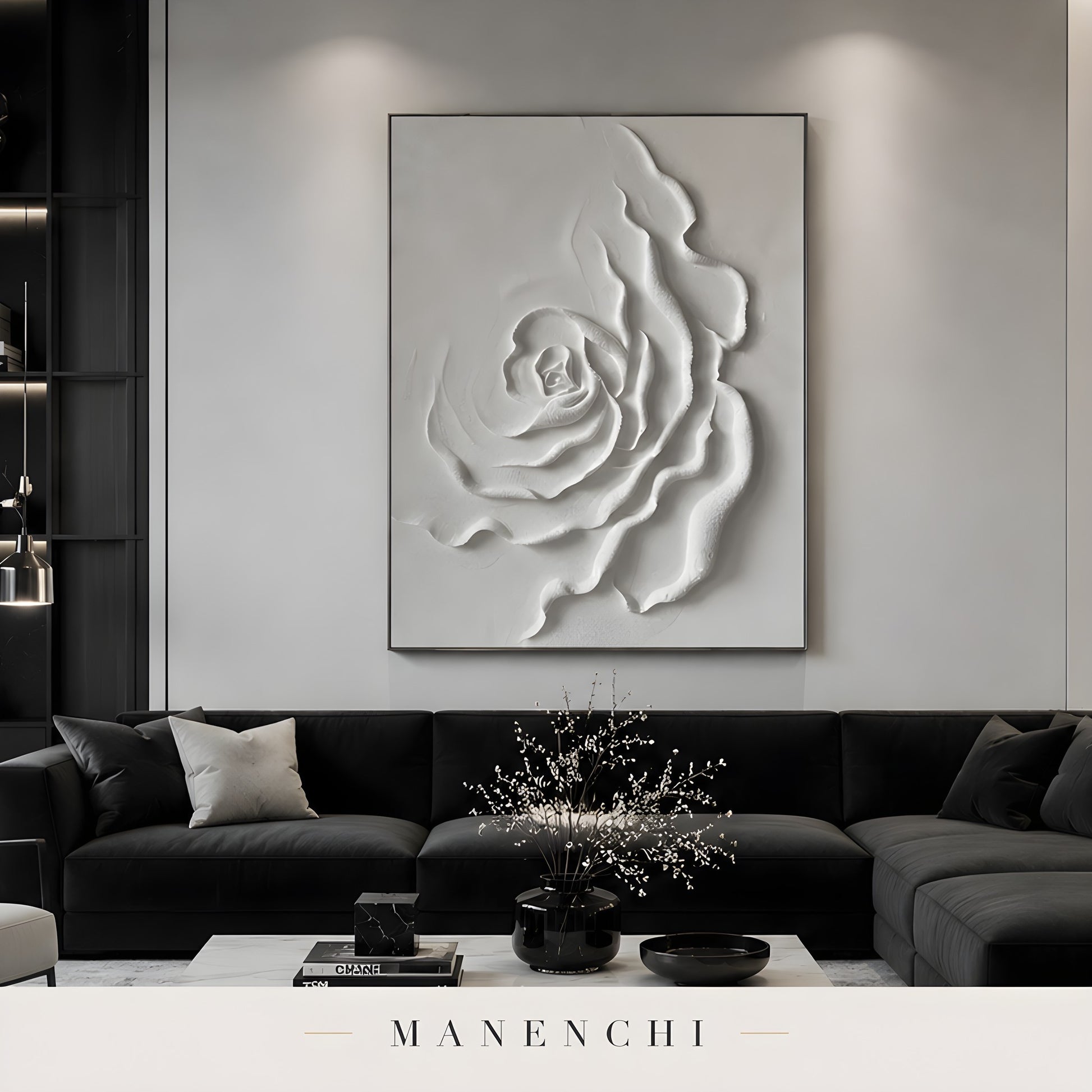 Ivory Sculptural Bloom abstract painting displayed in living room display
