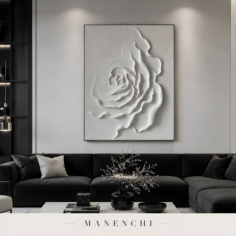 Ivory Sculptural Bloom abstract painting displayed in living room display