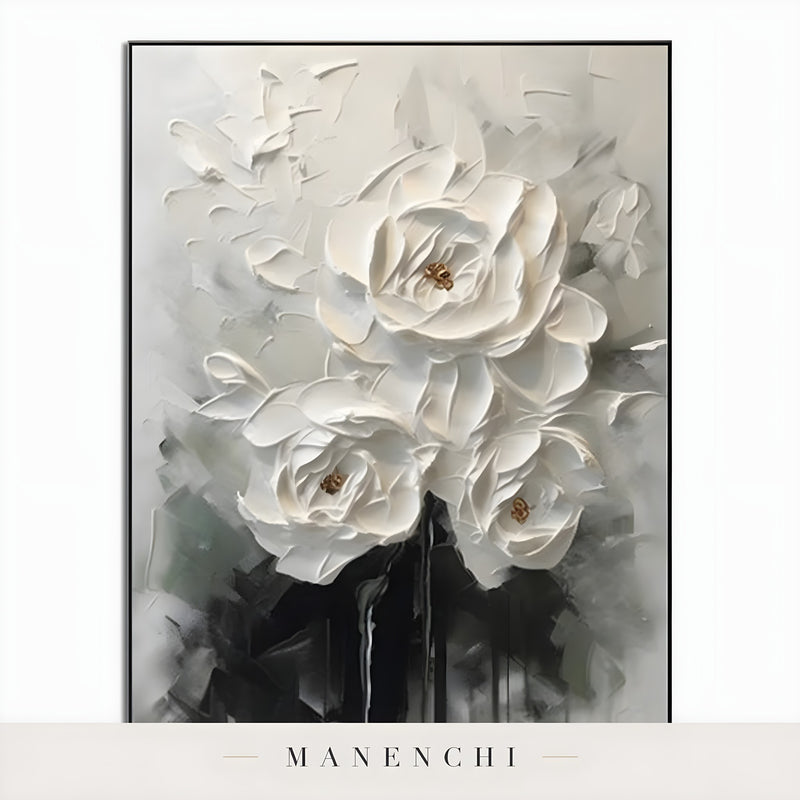 Close-up detail of the textured brushwork in Ivory Sculptural Blooms