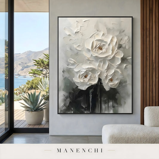 Ivory Sculptural Blooms abstract painting displayed in coastal living room