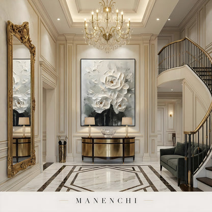 Ivory Sculptural Blooms abstract painting displayed in grand entryway foyer