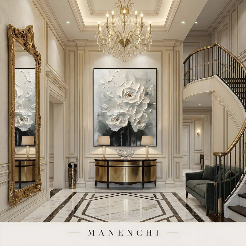 Ivory Sculptural Blooms abstract painting displayed in grand entryway foyer