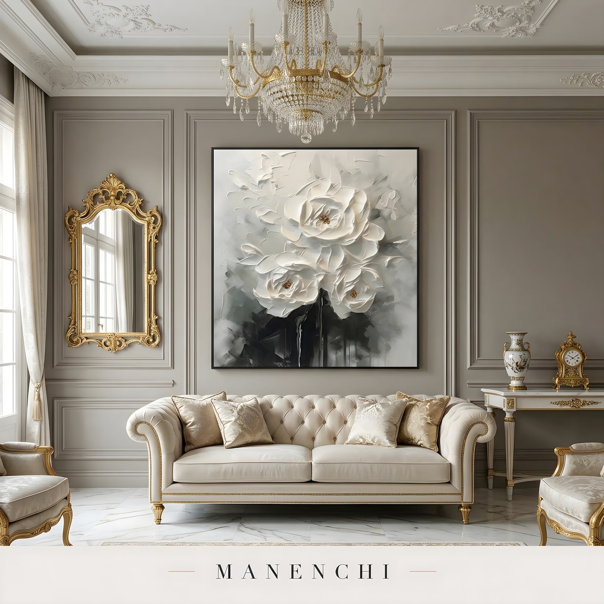 Ivory Sculptural Blooms abstract painting displayed in luxury living room decor
