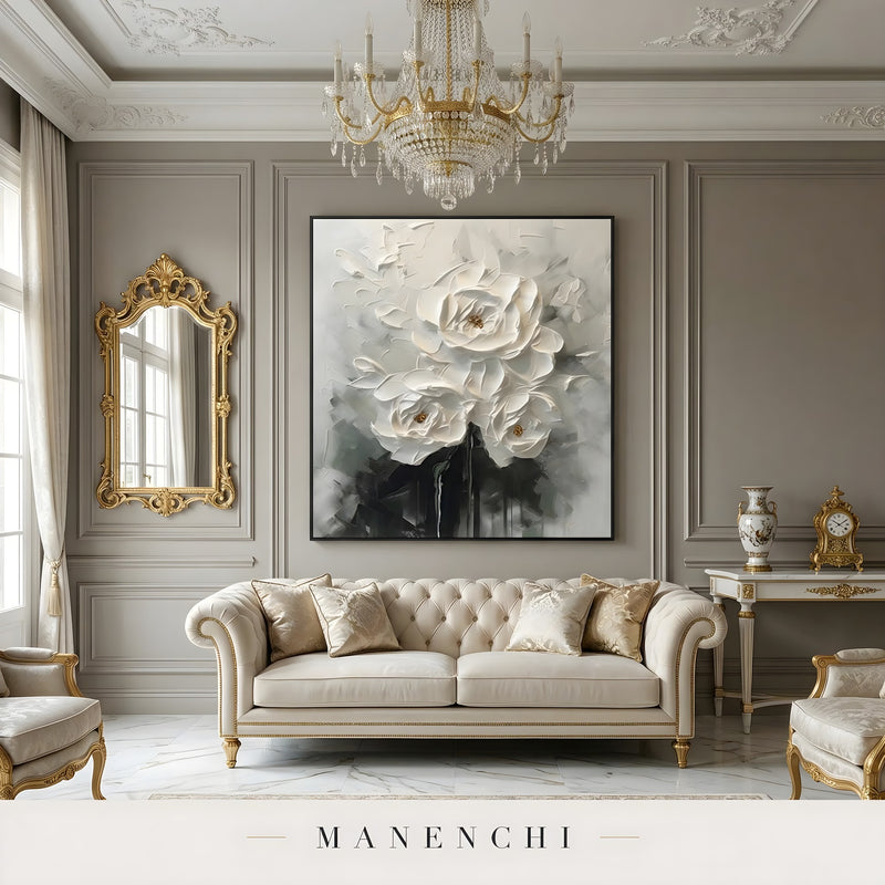 Ivory Sculptural Blooms abstract painting displayed in luxury living room decor