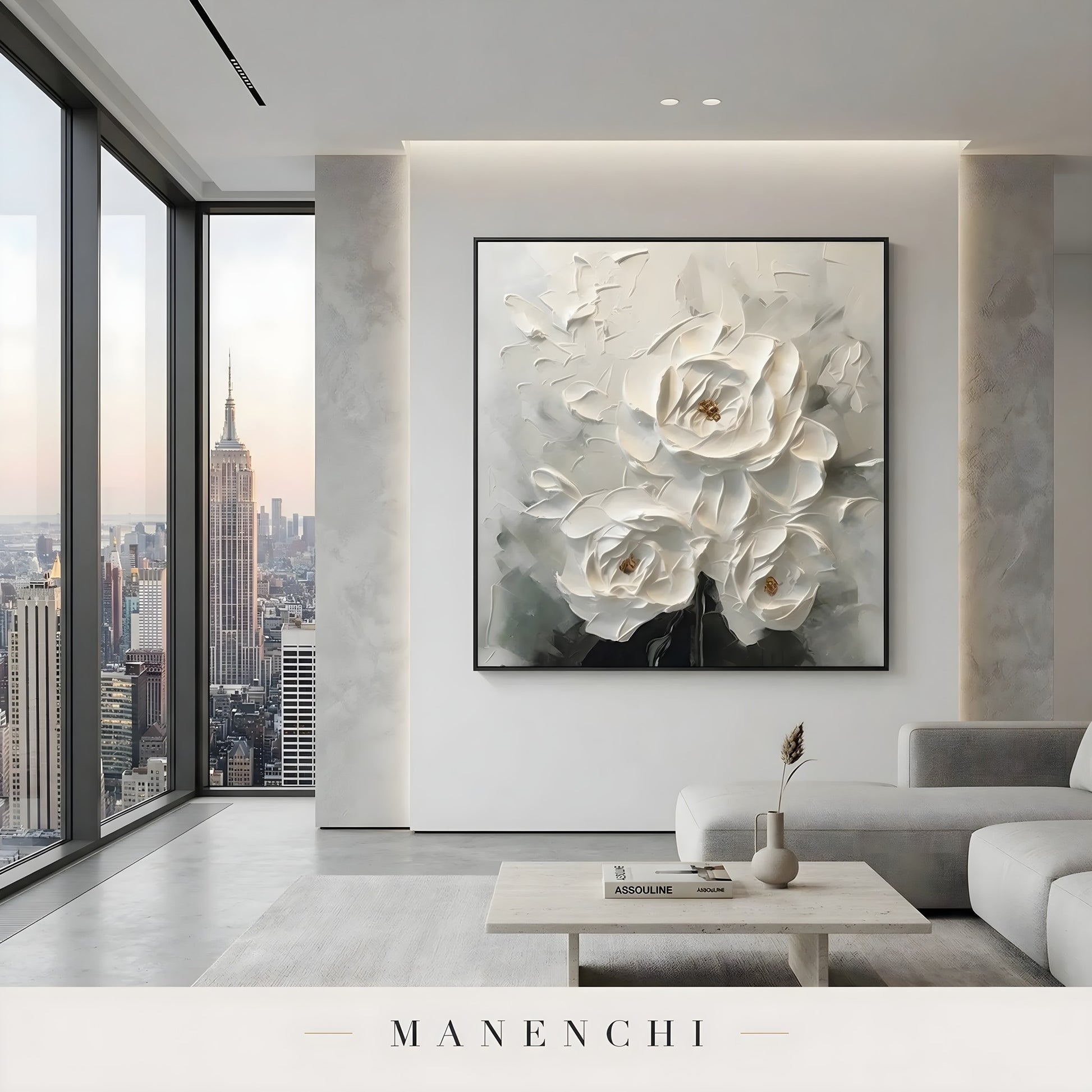 Ivory Sculptural Blooms abstract painting displayed in minimalist city apartment
