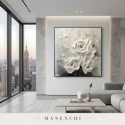 Ivory Sculptural Blooms abstract painting displayed in minimalist city apartment