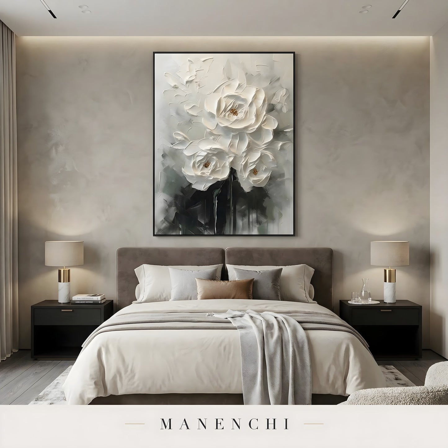Ivory Sculptural Blooms abstract painting displayed in modern bedroom interior