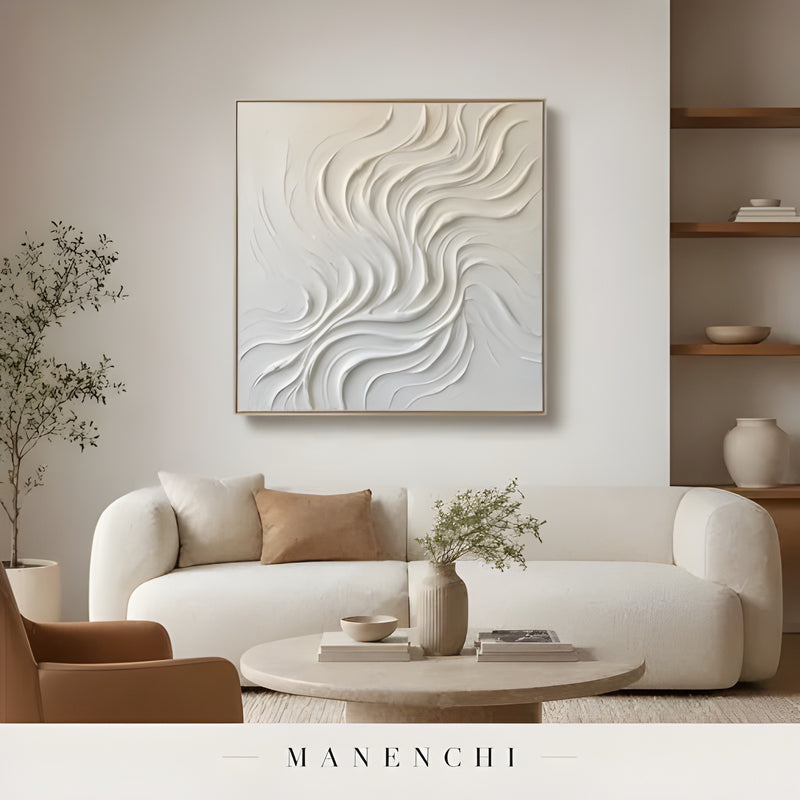 Ivory Sculptural Current abstract painting displayed in living room art display