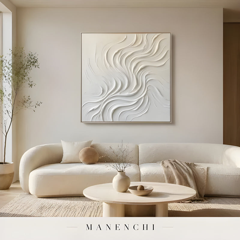 Ivory Sculptural Current abstract painting displayed in minimalist living room styling