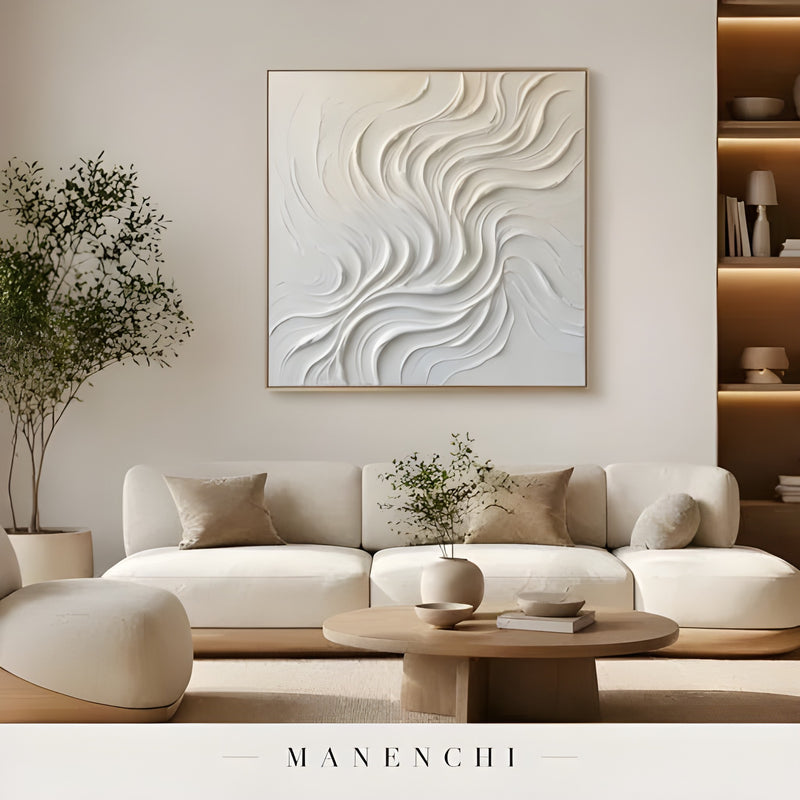 Ivory Sculptural Current abstract painting displayed in modern interior living room