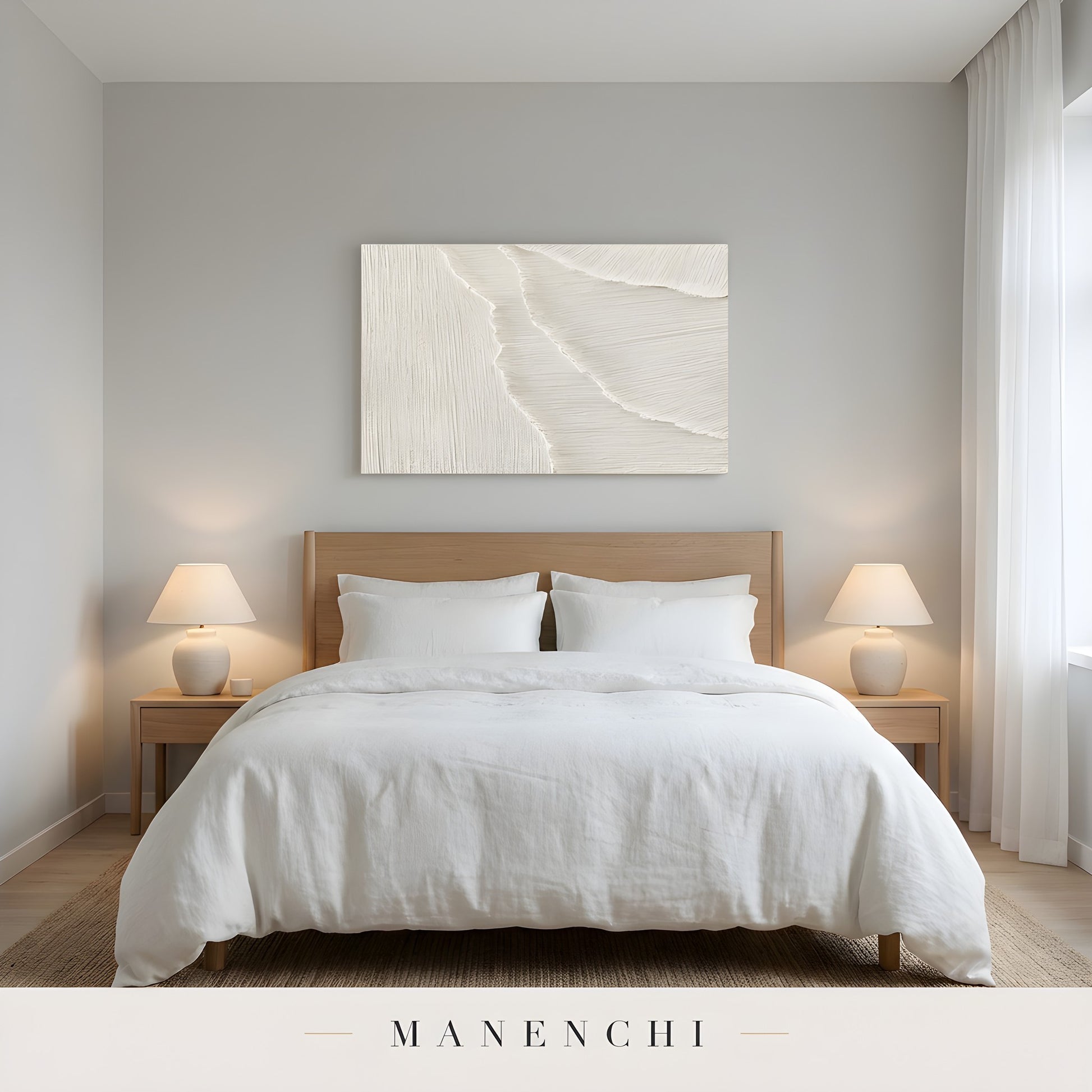 Ivory Sculptural Dunes abstract painting displayed in bedroom