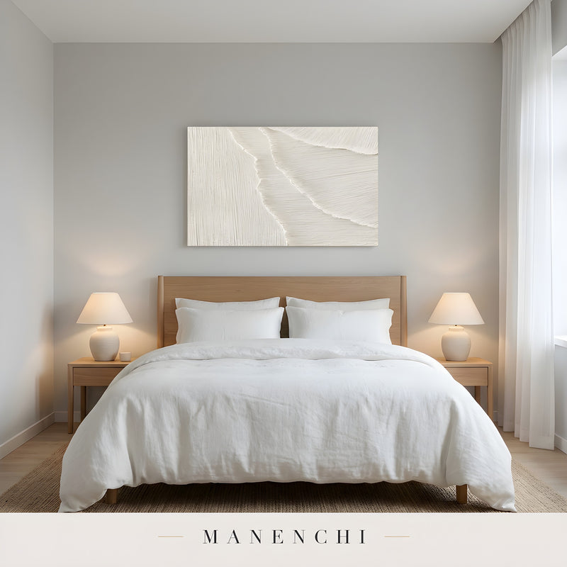 Ivory Sculptural Dunes abstract painting displayed in bedroom