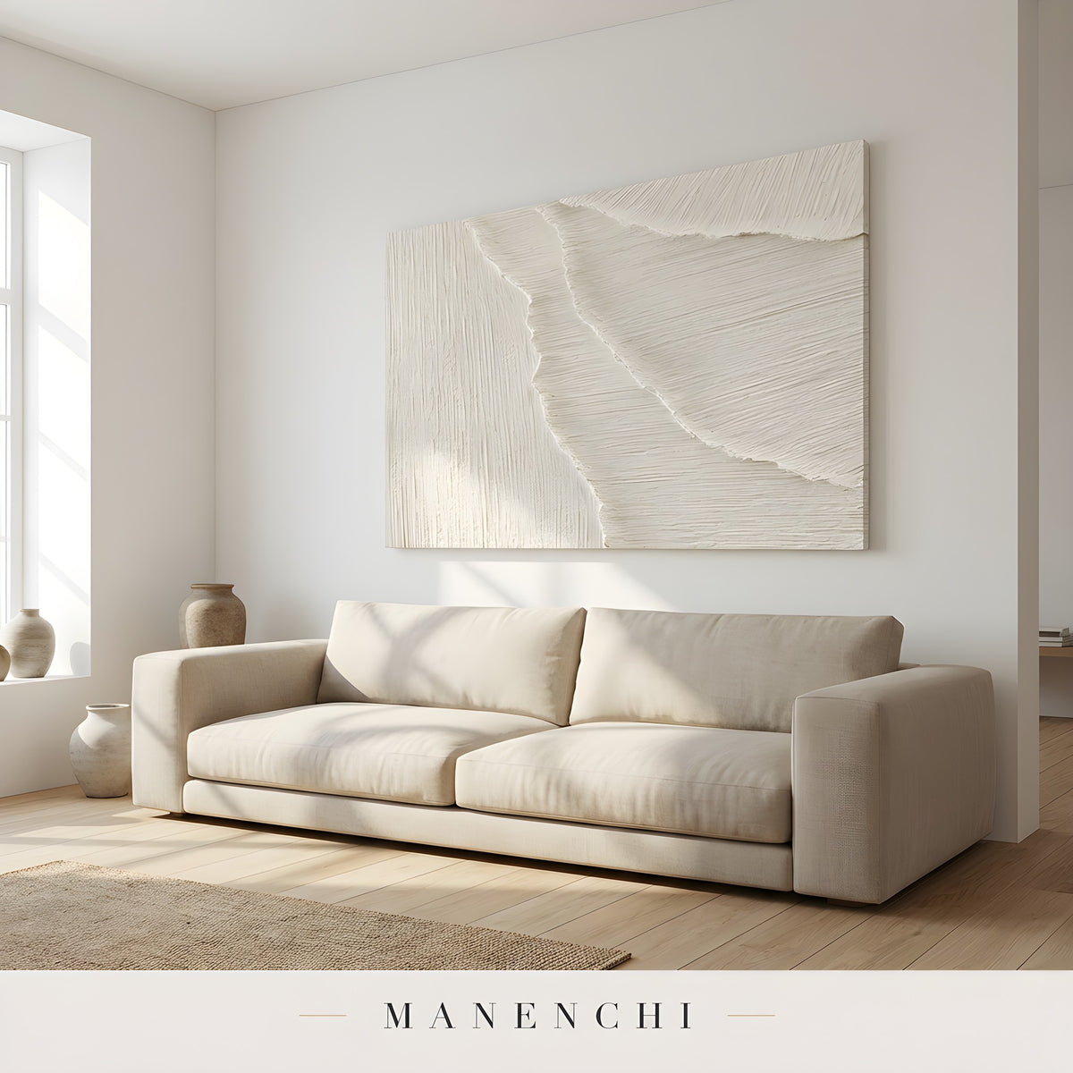 Ivory Sculptural Dunes abstract painting displayed in living room