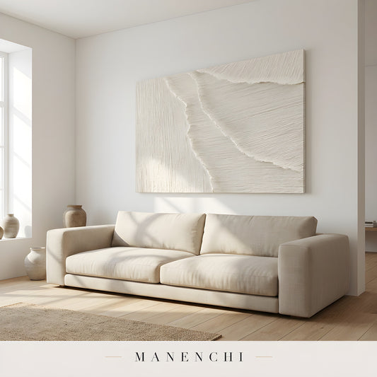 Ivory Sculptural Dunes abstract painting displayed in living room