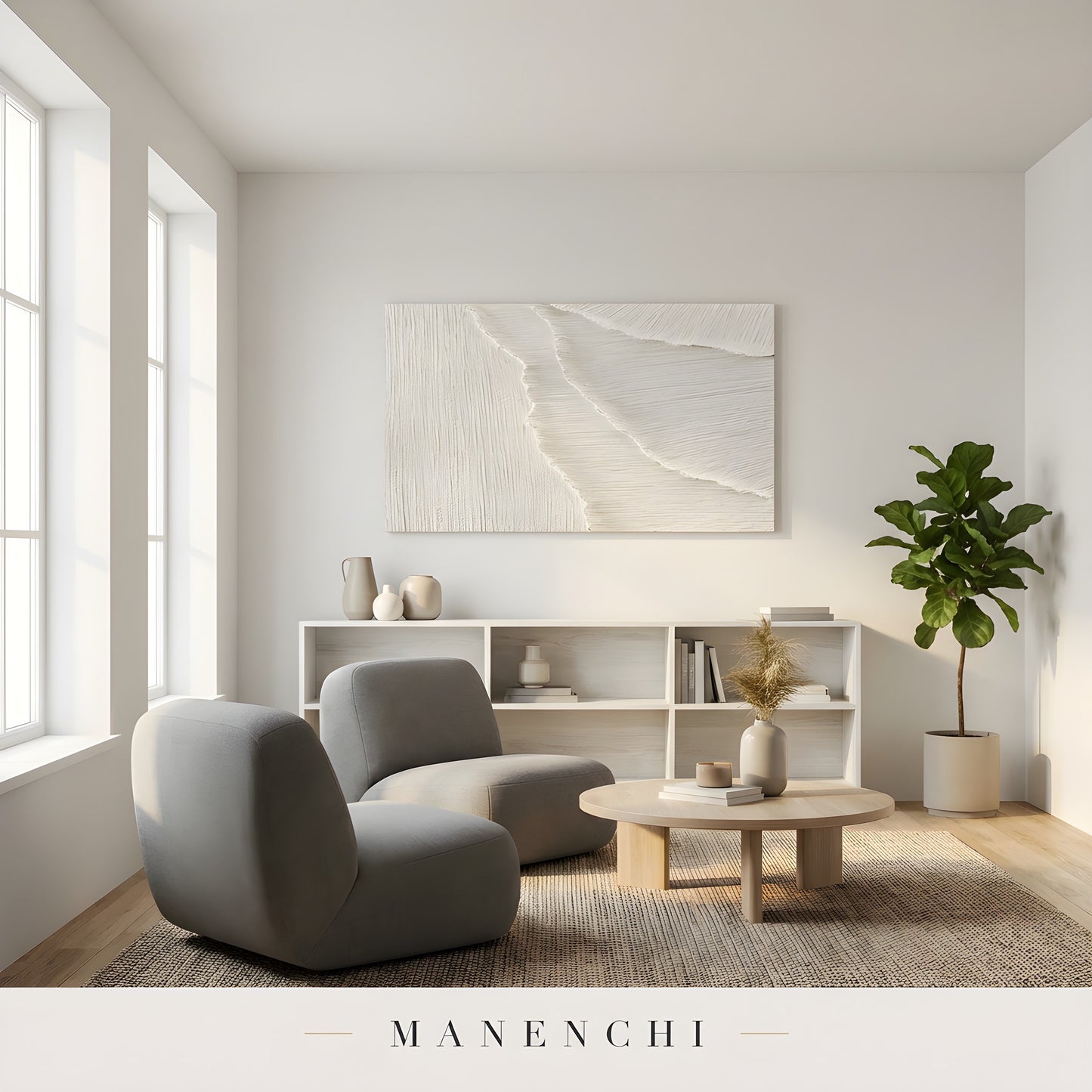 Ivory Sculptural Dunes abstract painting displayed in minimalist lounge area