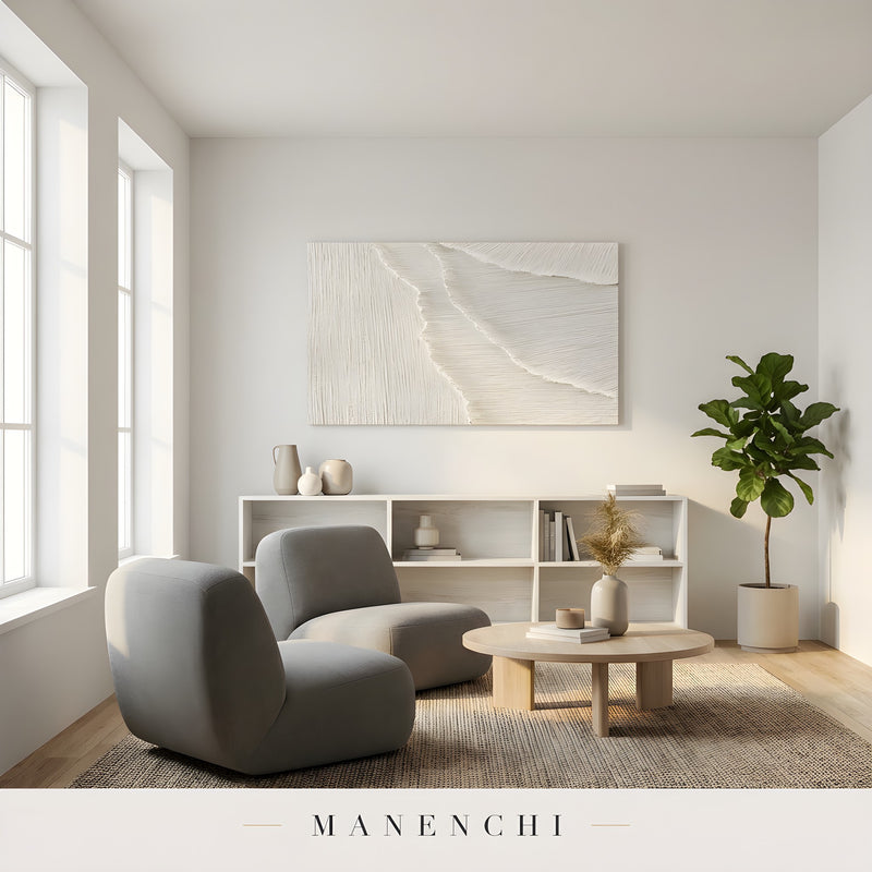 Ivory Sculptural Dunes abstract painting displayed in minimalist lounge area