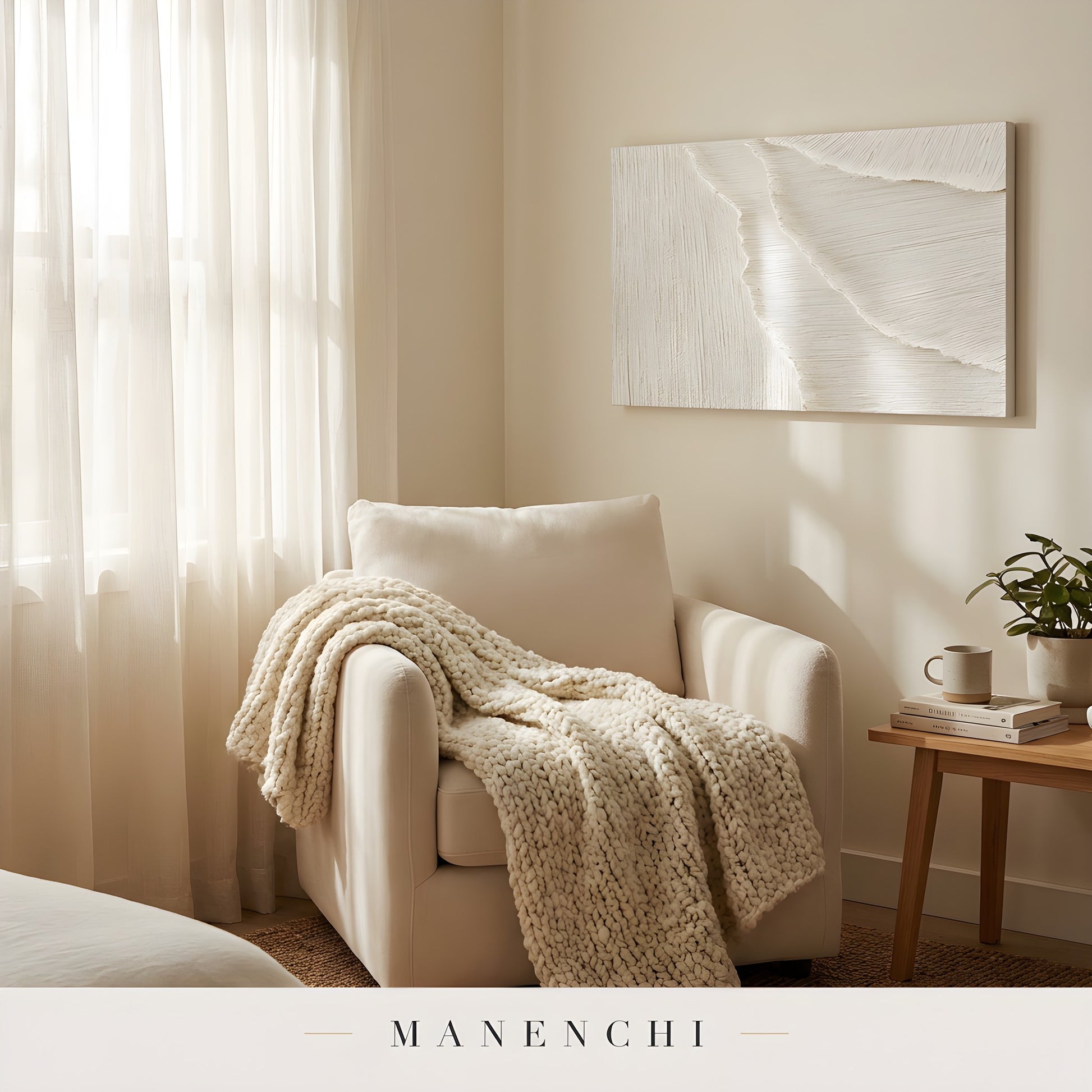 Ivory Sculptural Dunes abstract painting displayed in reading nook