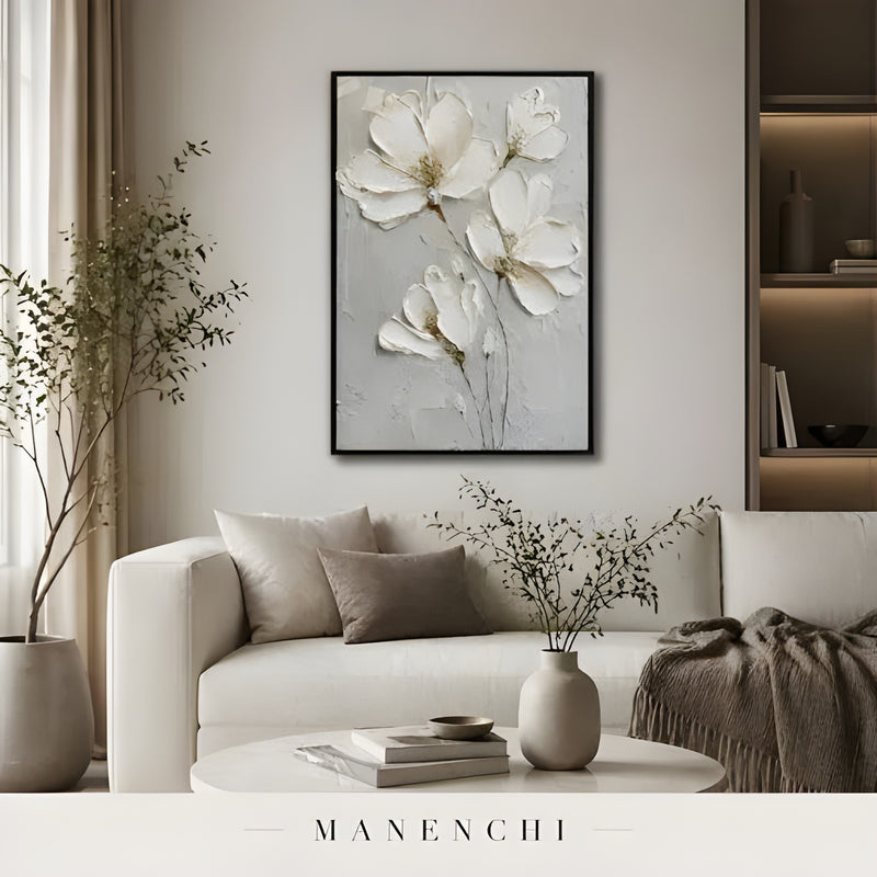 Ivory Sculptural Florals abstract painting displayed in living room display
