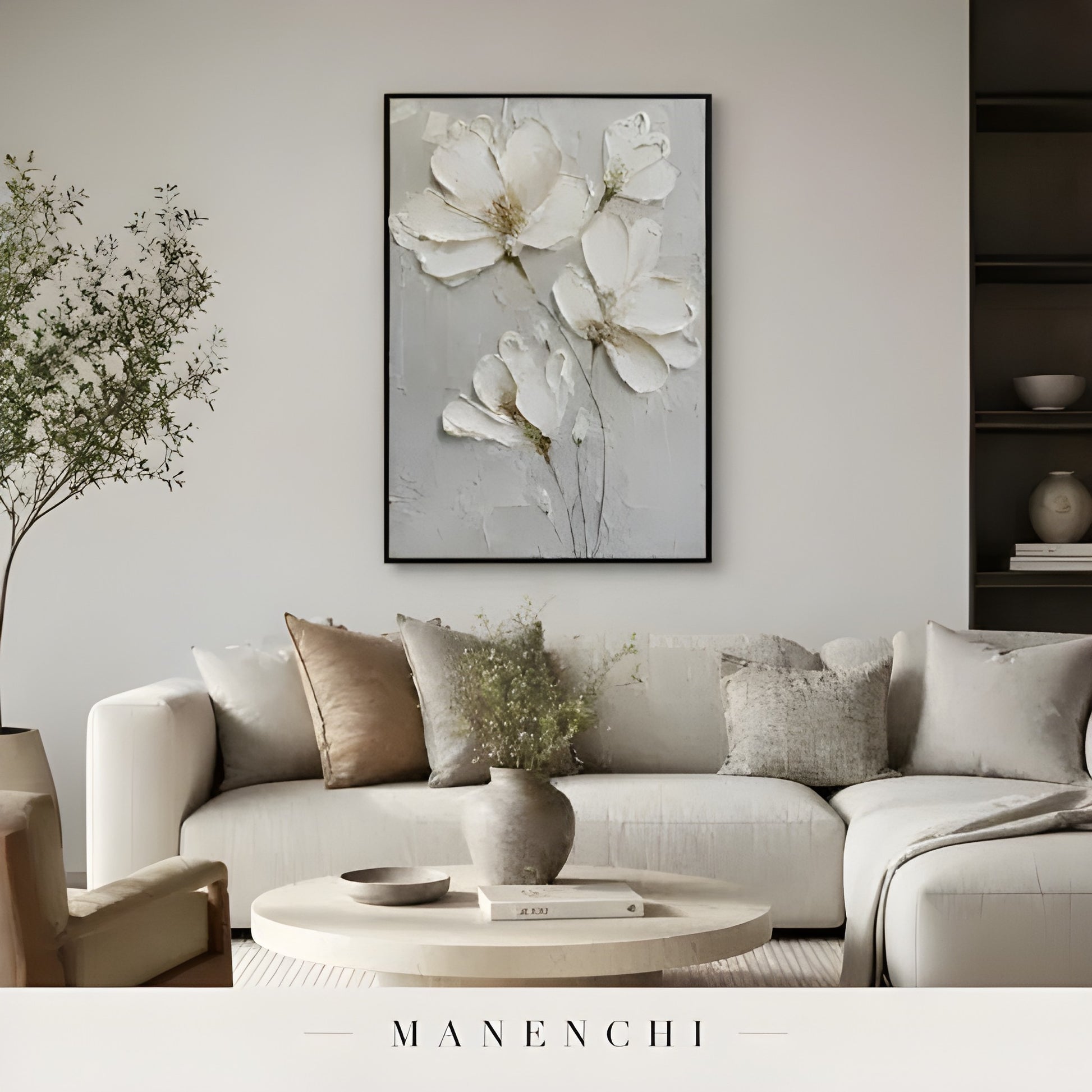 Ivory Sculptural Florals - original hand-painted abstract painting by Manenchi