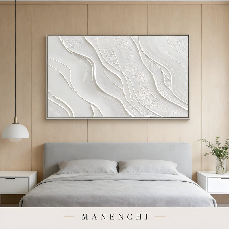Ivory Sculptural Flow abstract painting displayed in bedroom art decor