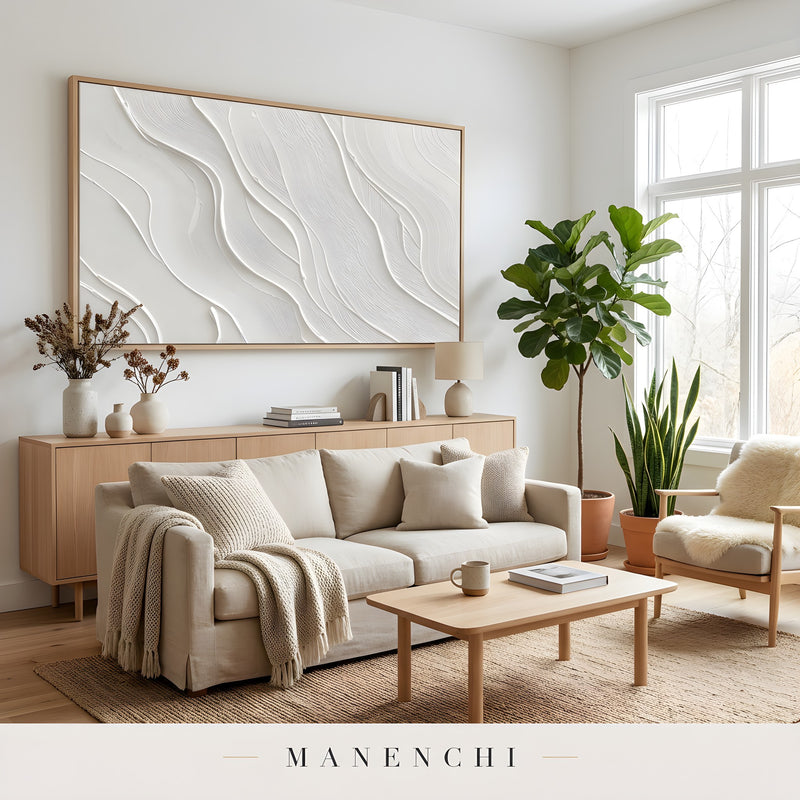 Ivory Sculptural Flow abstract painting displayed in cozy living room interior