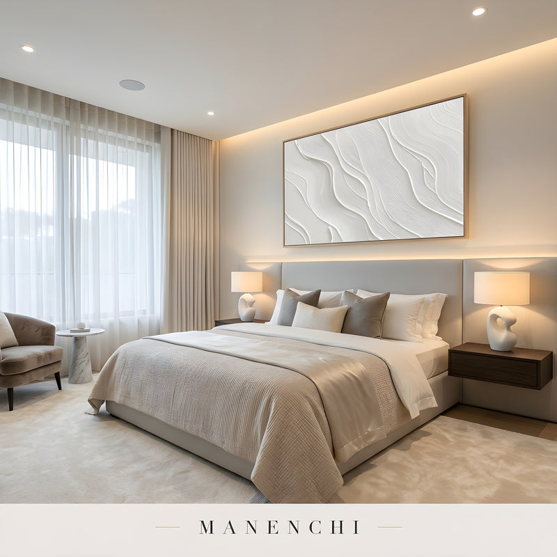 Ivory Sculptural Flow abstract painting displayed in elegant bedroom style