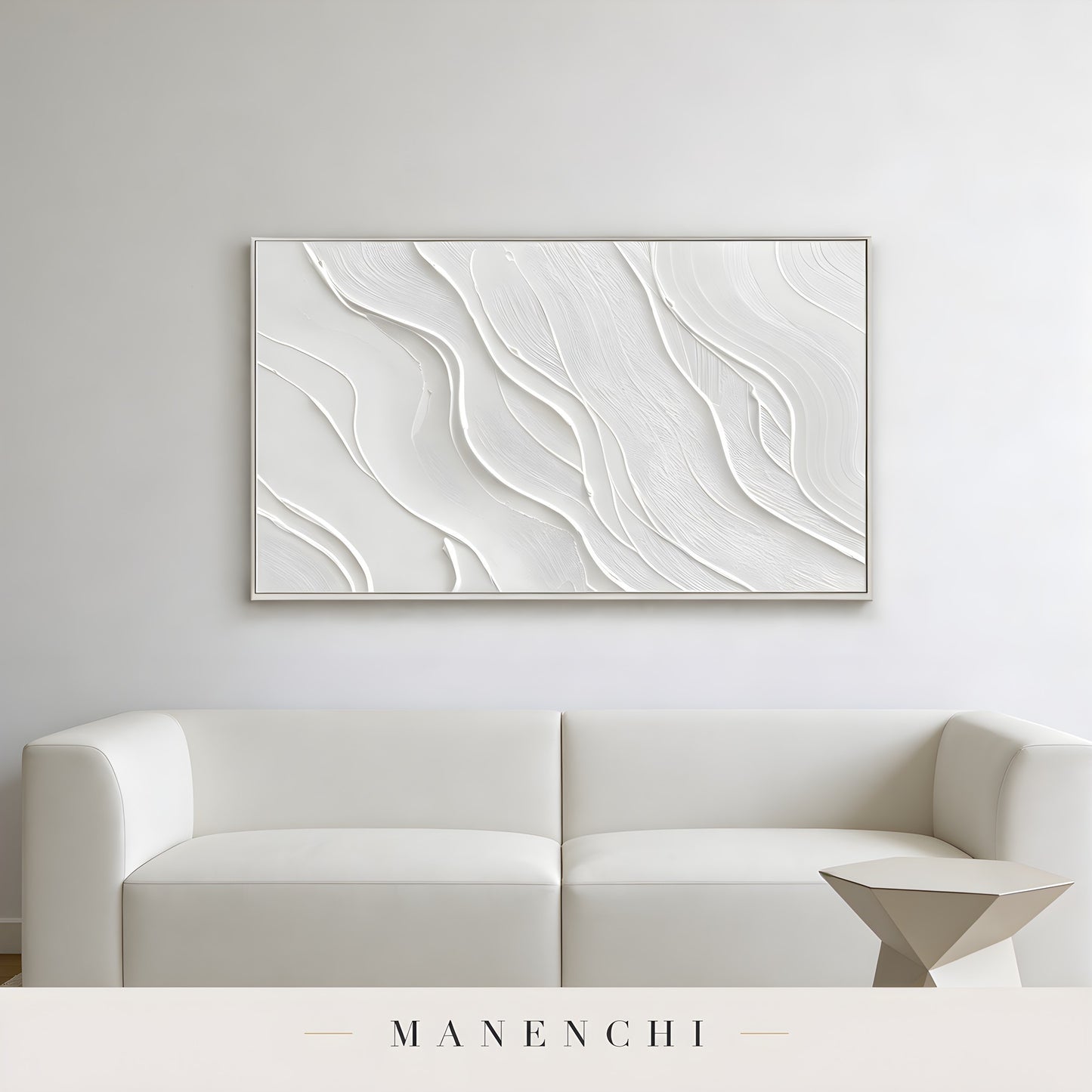 Ivory Sculptural Flow abstract painting displayed in minimalist white living room