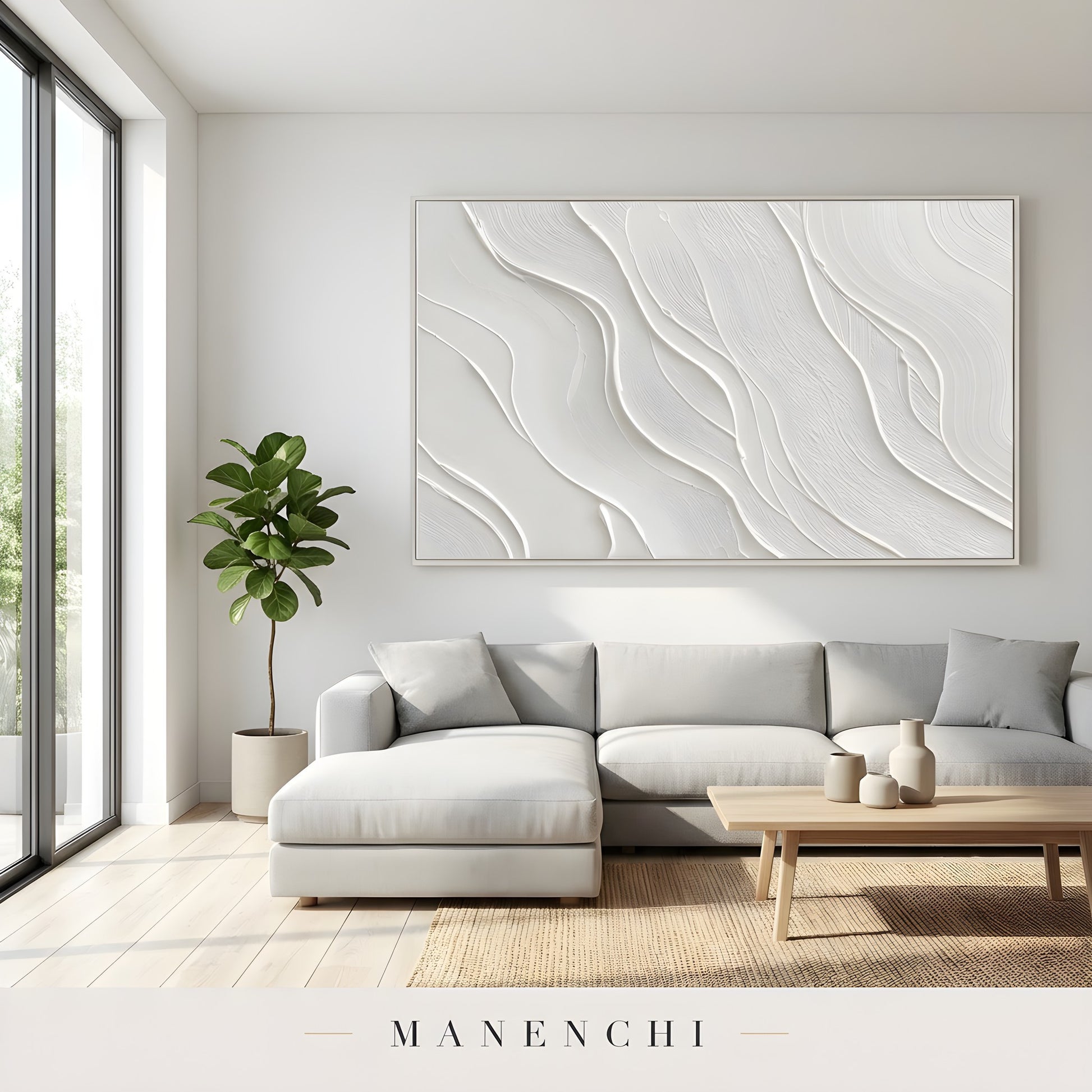 Ivory Sculptural Flow abstract painting displayed in modern living room sofa