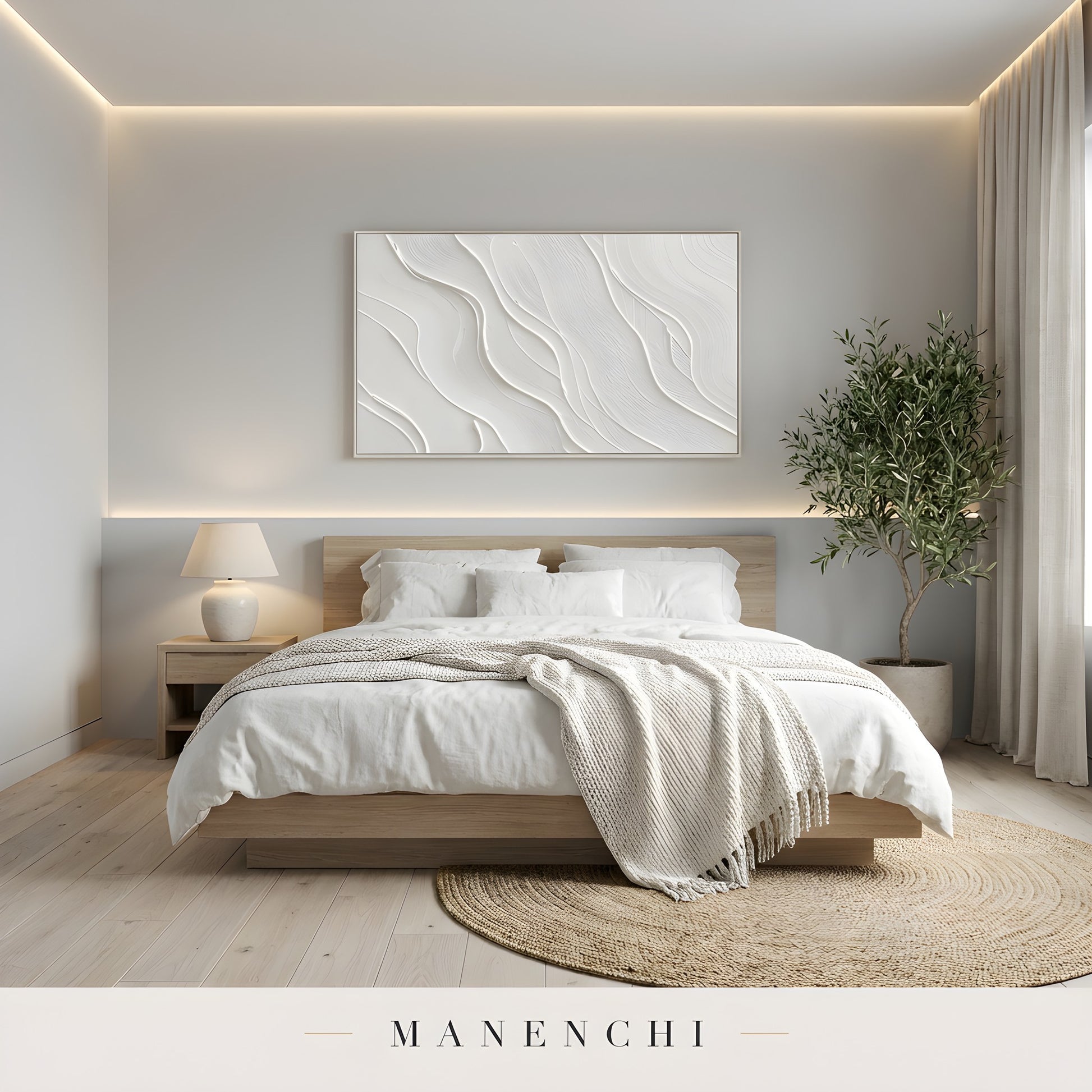 Ivory Sculptural Flow abstract painting displayed in serene minimalist bedroom