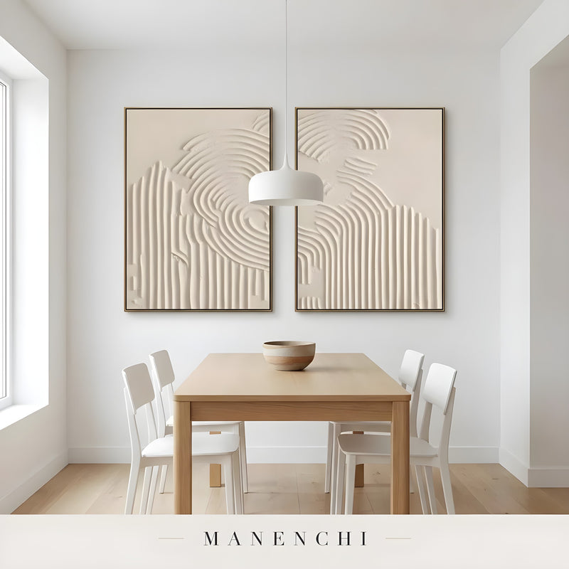 Ivory Sculptural Resonance abstract painting displayed in dining room table setting