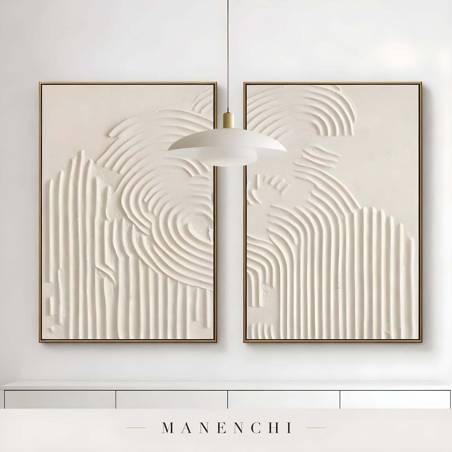 Ivory Sculptural Resonance abstract painting displayed in hanging art above console