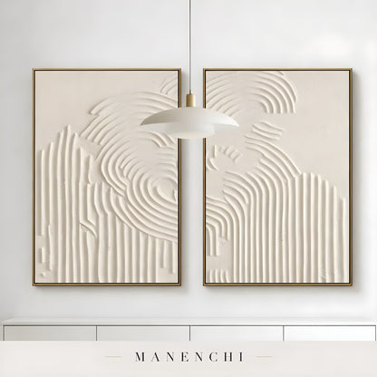 Ivory Sculptural Resonance abstract painting displayed in hanging art above console