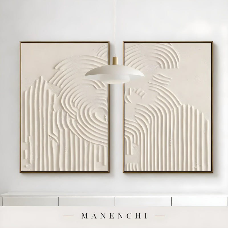 Ivory Sculptural Resonance abstract painting displayed in hanging art above console