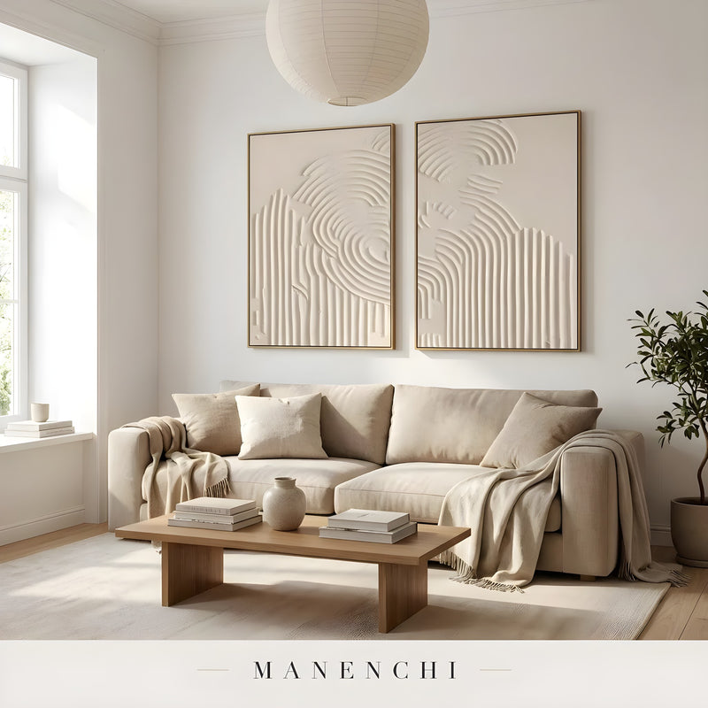 Ivory Sculptural Resonance abstract painting displayed in living room seating area