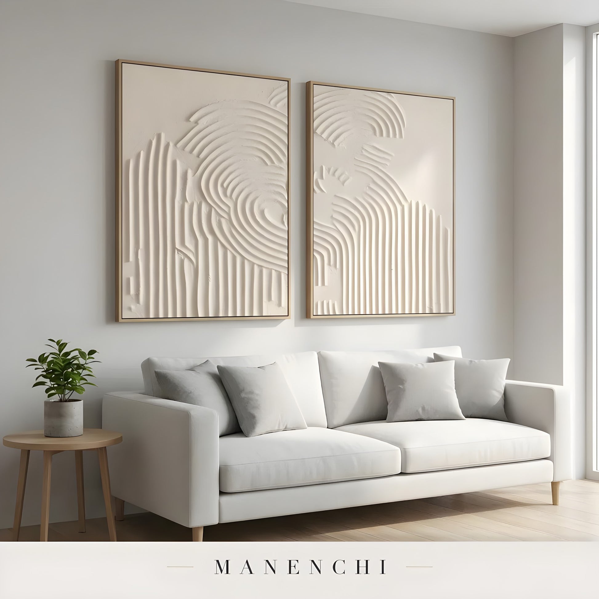 Ivory Sculptural Resonance abstract painting displayed in living room sofa display