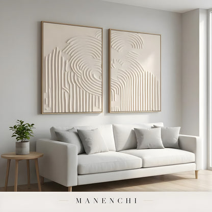 Ivory Sculptural Resonance abstract painting displayed in living room sofa display