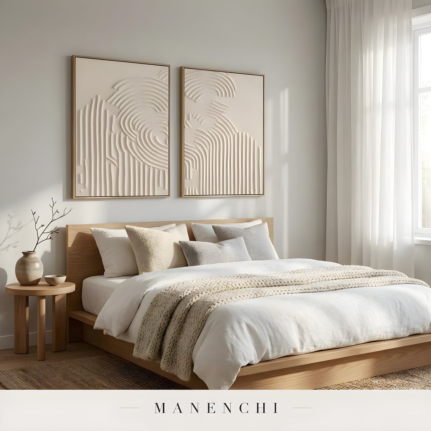 Ivory Sculptural Resonance abstract painting displayed in modern bedroom interior style