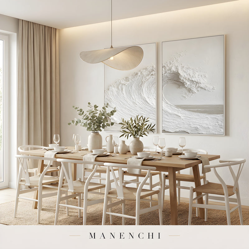 Ivory Sculptural Surge abstract painting displayed in elegant dining room setting