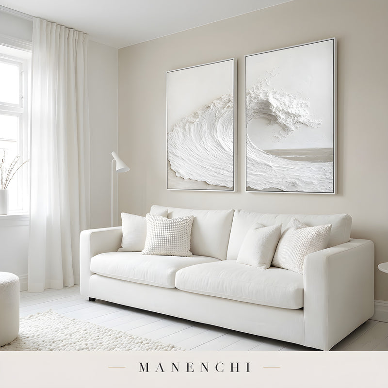 Ivory Sculptural Surge abstract painting displayed in minimalist living room interior