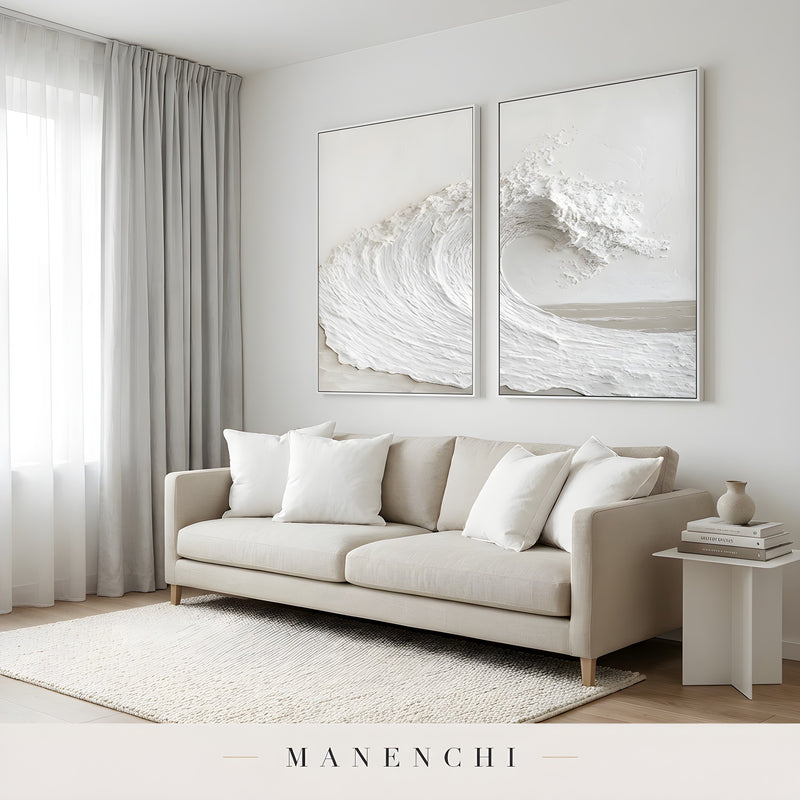 Ivory Sculptural Surge abstract painting displayed in modern sofa living space