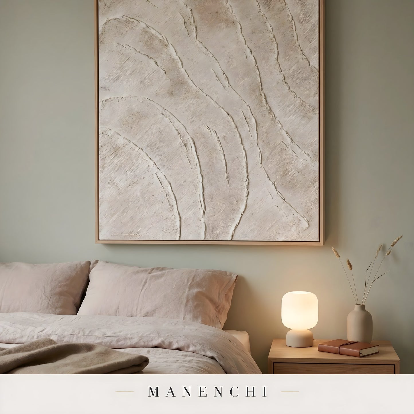 Ivory Tectonic Relief abstract painting displayed in bedroom wall decor setup