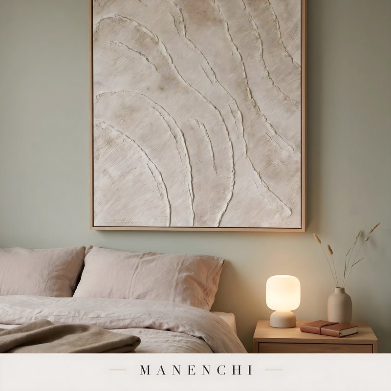 Ivory Tectonic Relief abstract painting displayed in bedroom wall decor setup