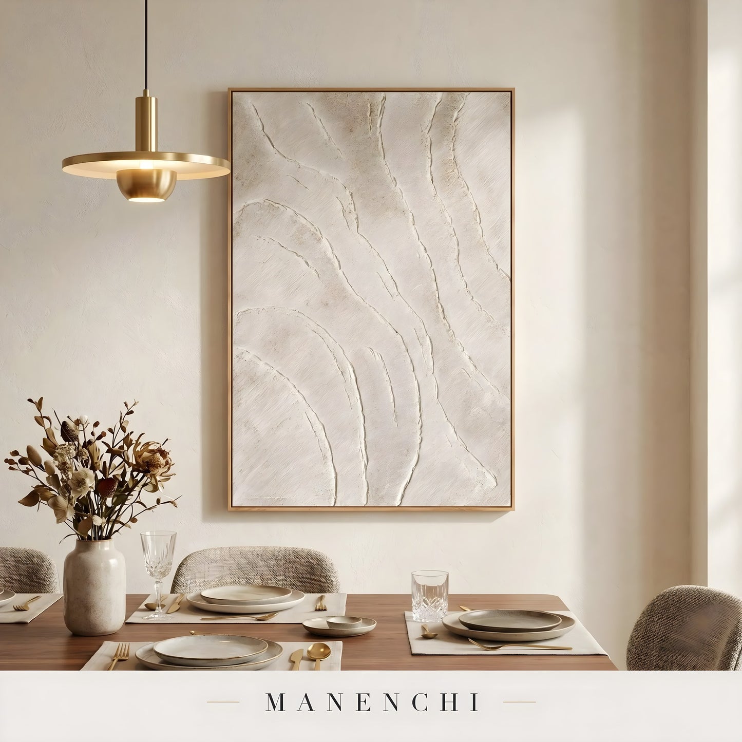 Ivory Tectonic Relief abstract painting displayed in dining room table setting